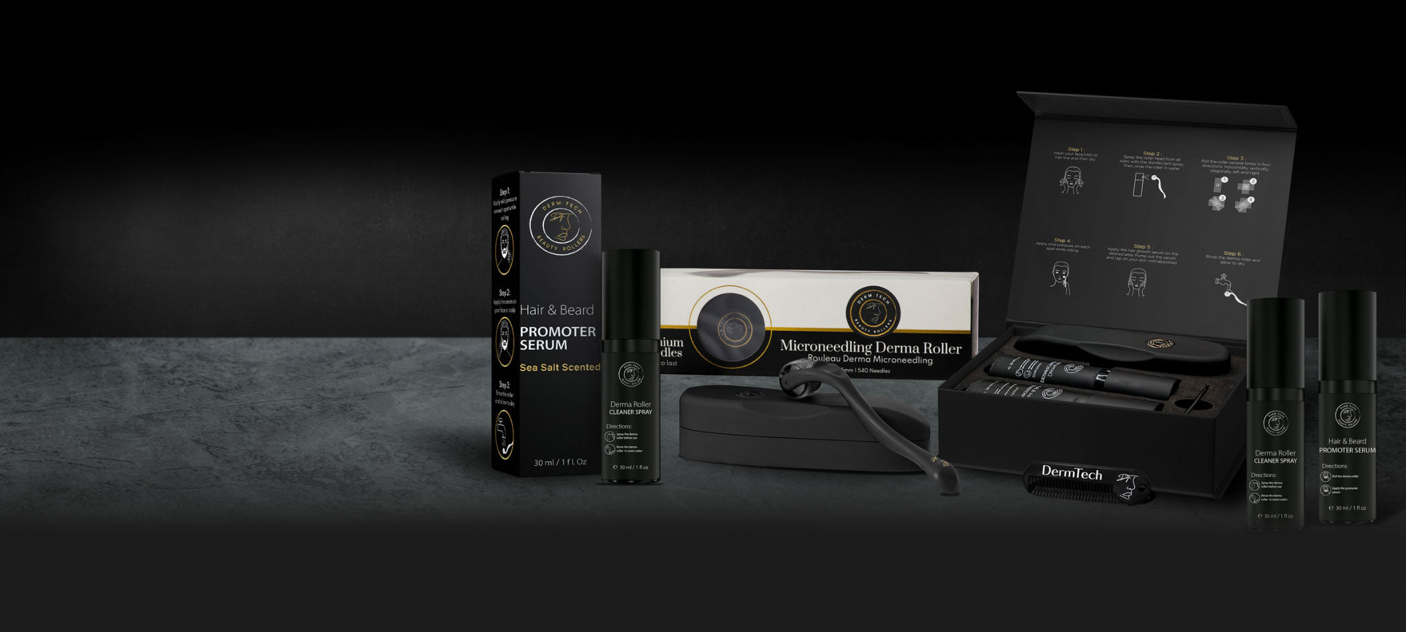 Image showcasing all DermTech products, including the Hair & Beard Promoter Serum, the Complete Kit, and the 0.5mm and 1.5mm Derma Rollers for comprehensive hair growth and skincare solutions.