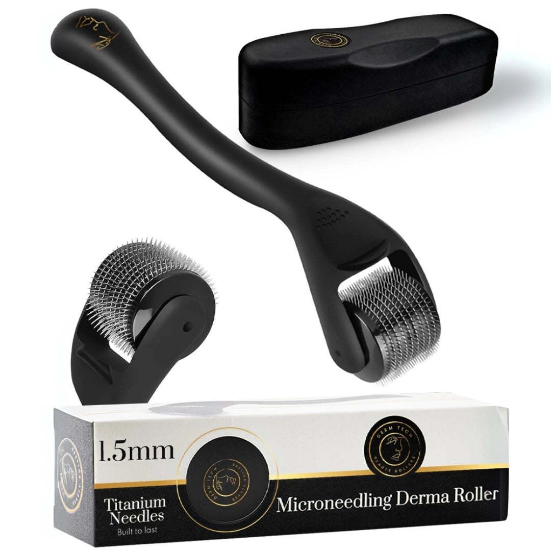 Closeup of a 1.5mm DermTech Roller showcasing the premium case, product box, and detailed view of the microneedles. Discover the high-quality design and effectiveness of DermTechRoller for advanced at home microneedling.