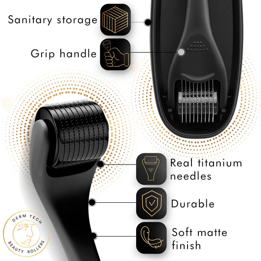 Detailed image showcasing the product features of the DermTech Derma Roller, including needle length options, ergonomic design, and premium packaging. Explore the advanced features of DermTechRoller for effective microneedling and skincare.