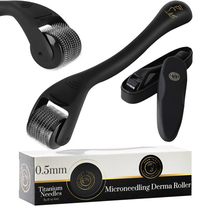 Closeup of a 0.5mm DermTech microneedling tool showcasing the premium case, product box, and detailed view of the microneedling roller. Discover the high-quality design and effectiveness of the best product for facial hair growth.