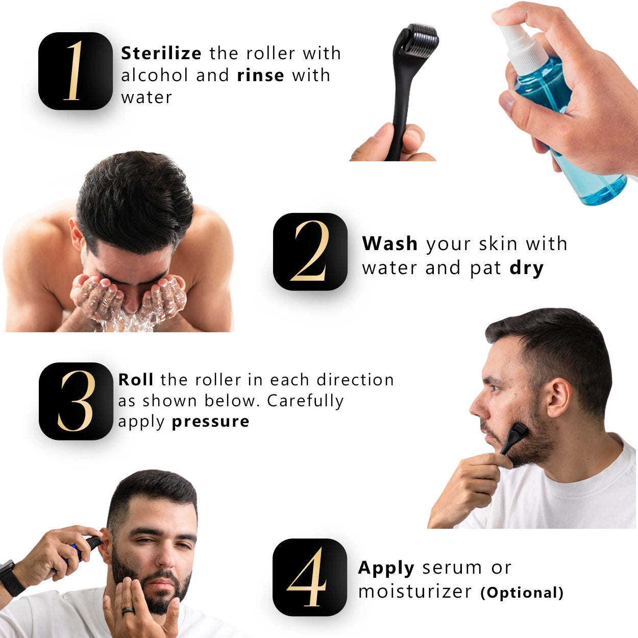 Step-by-step guide on how to use a derma roller for hair growth, beard growth, and microneedling for the face. Enhance beard thickness, improve skin texture, and stimulate collagen production with this easy-to-follow microneedling routine. Ideal for men and women looking to boost hair regrowth and achieve a healthier complexion with dermarolling.