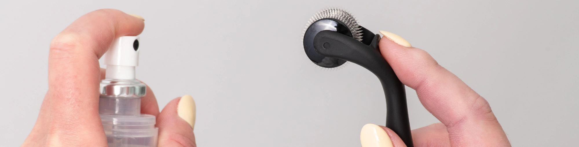 Banner of Woman's hand applying cleaning liquid to a derma roller to ensure hygienic and safe microneedling practices. Learn about proper derma roller maintenance and skincare routines with DermTechRoller.