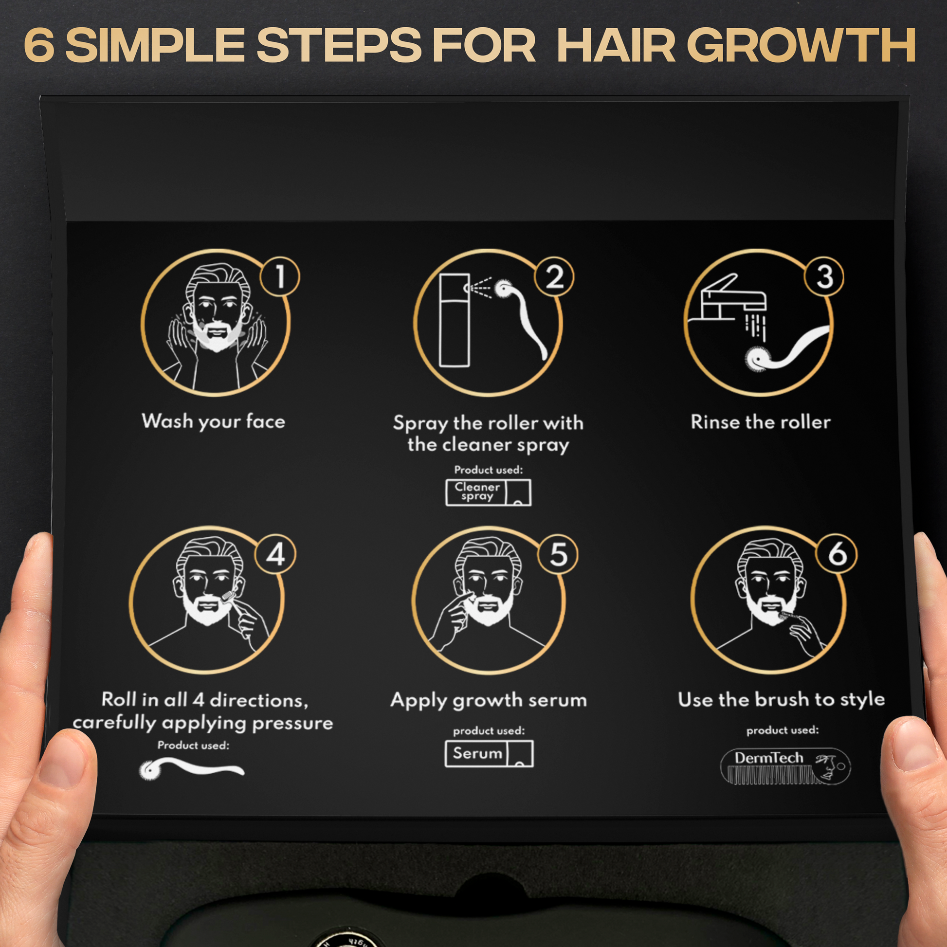 6 simple steps for hair growth using a Derma Roller: Wash face, spray roller with cleaner, rinse roller, roll in all directions, apply growth serum, and style with brush for optimal results.