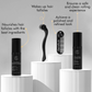 Image explaining the contents of the DermTech kit: Ensures safe and clean rolling, wakes up hair follicles, achieves a polished look, and nourishes follicles with the best ingredients for optimal hair growth.