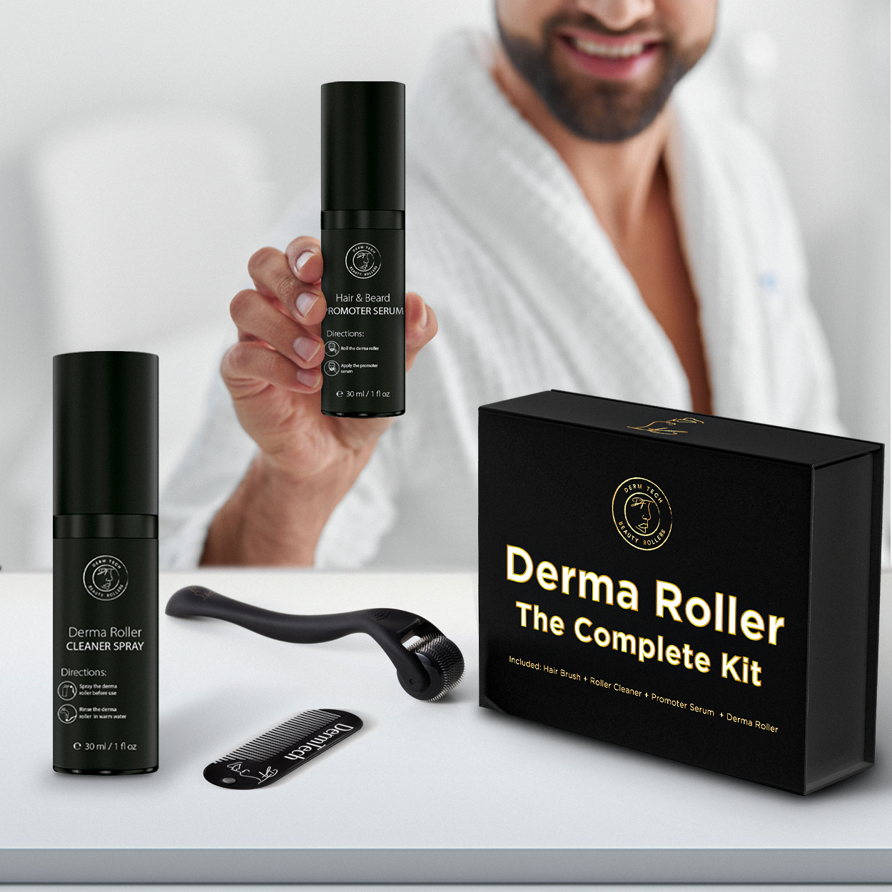 Lifestyle image of a man using the Derma Roller Complete Kit for Hair & Beard care, showcasing the product in action for improved hair and beard growth.