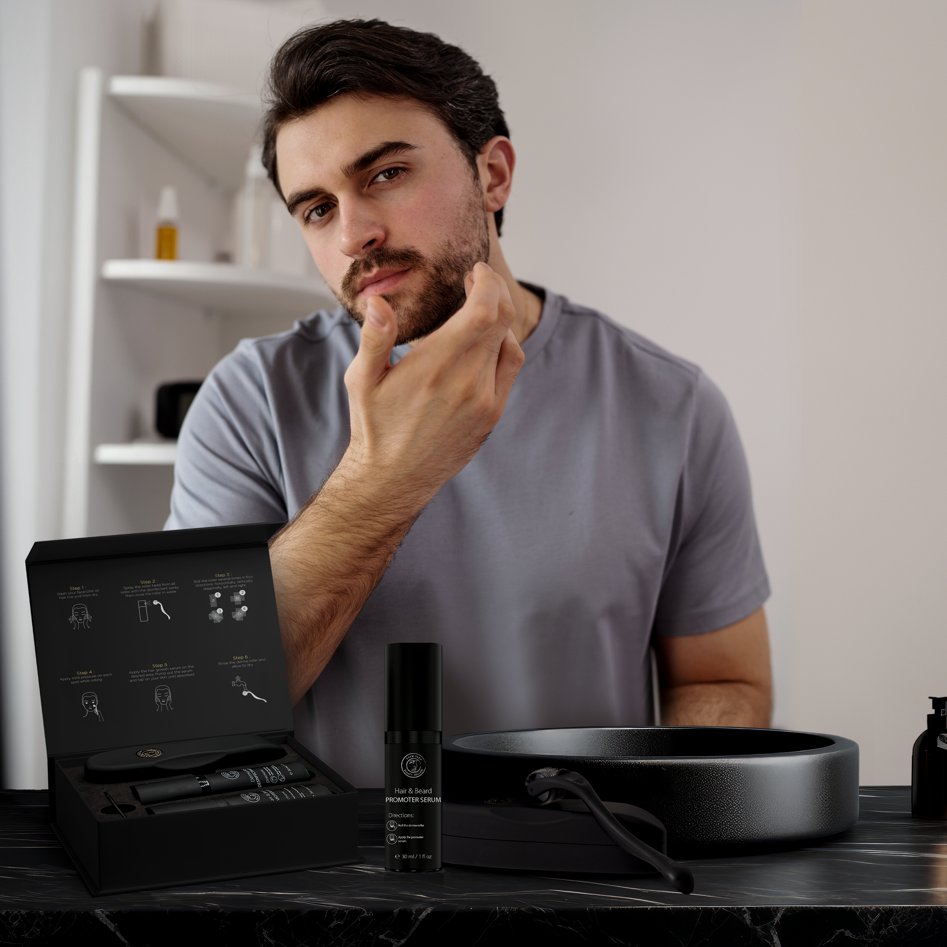 A man showcasing the DermTech Derma Roller from a different angle, highlighting its design and features for effective hair and beard growth care.